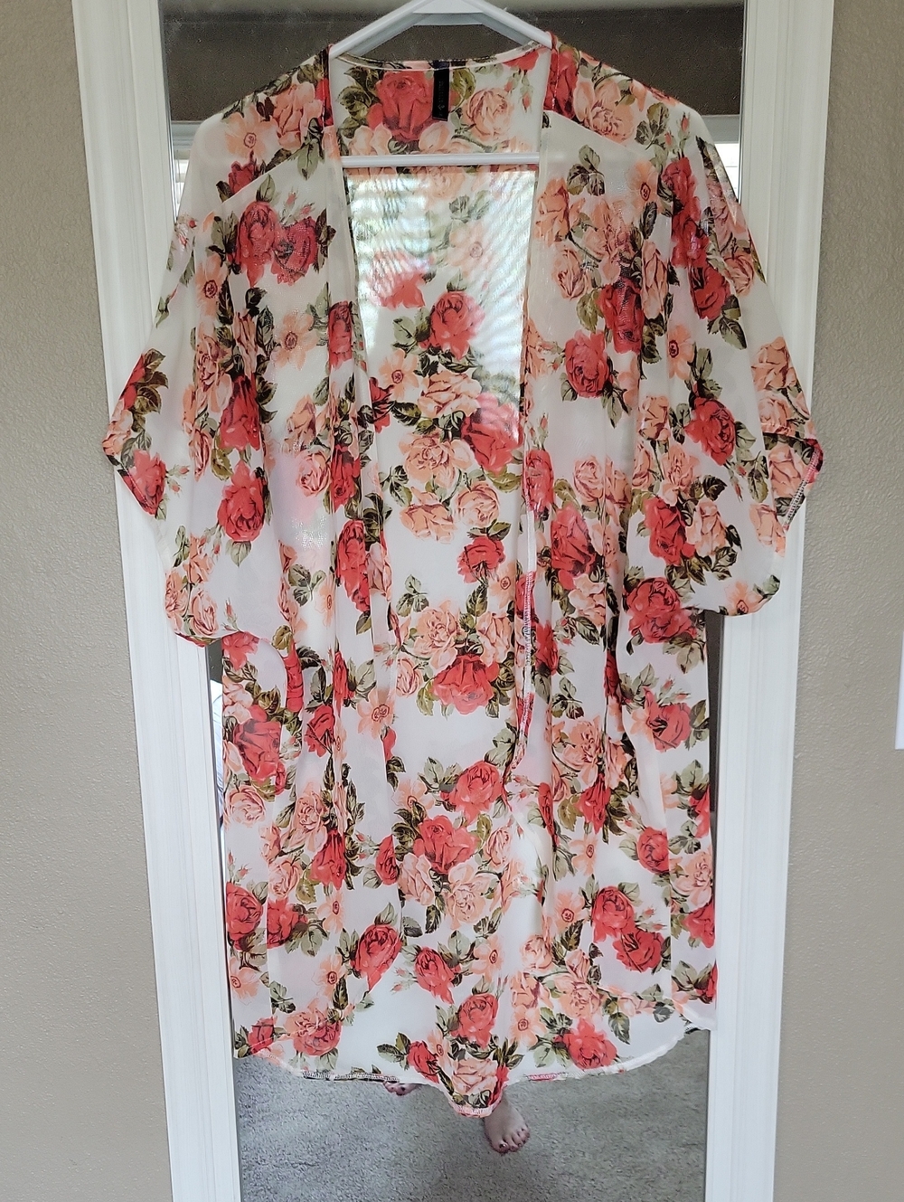 Full Tilt Floral Sheer Kimono Cardigan - White with Coral Rose Print